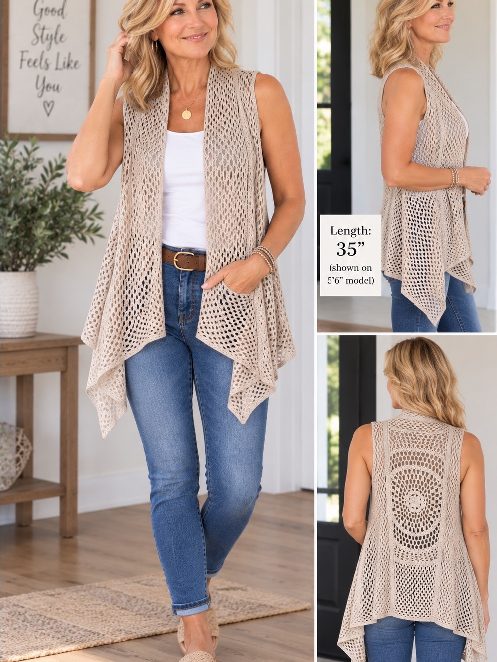 Vintage Reference Point Crochet Vest Cardigan Beige S/M